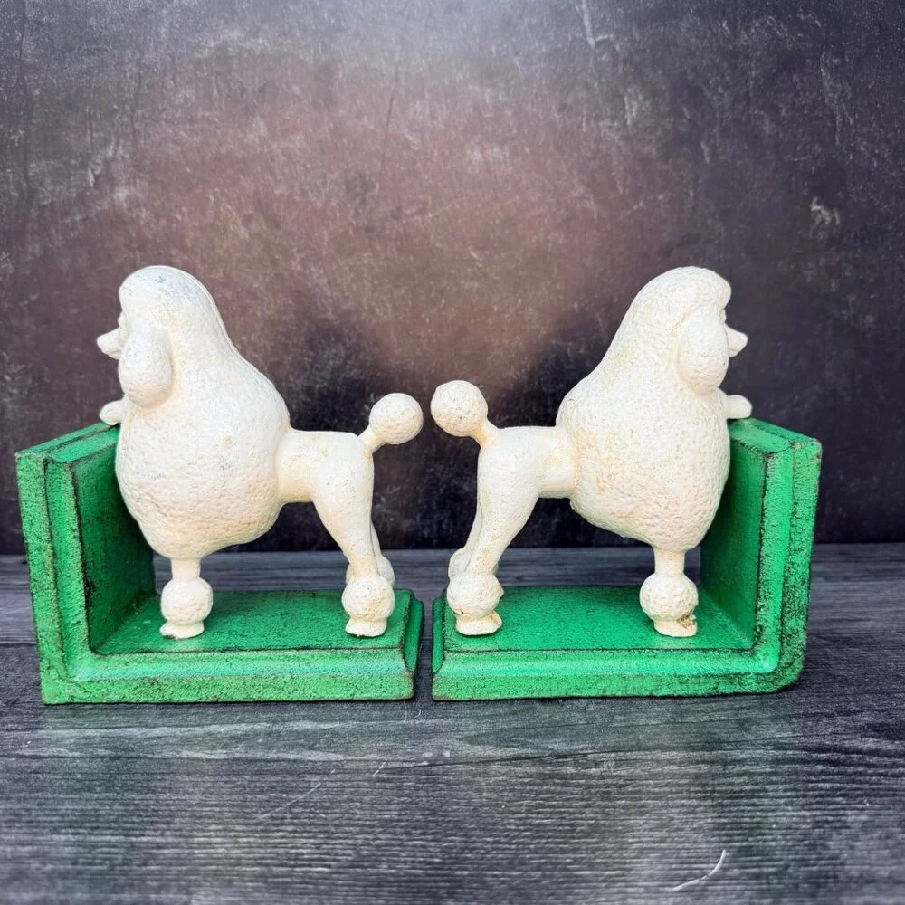 Cast Iron White Poodle Dog Bookends Pair Vintage Style Midcentury MCM Heavy